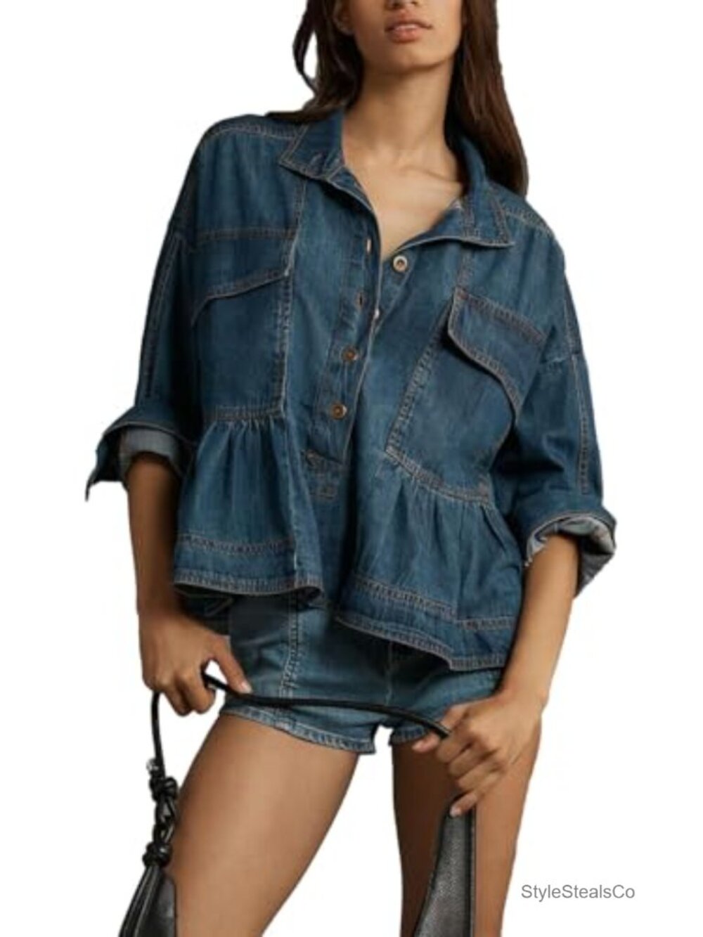 Women's Denim Crop Top Long Sleeve V Neck Button Down Blouse